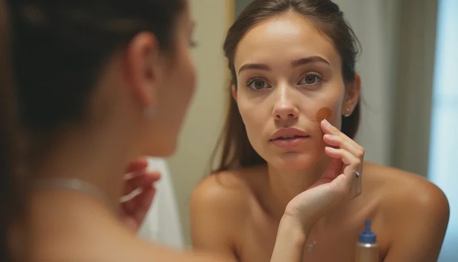 Fingers pressing tint into face in hotel bathroom.