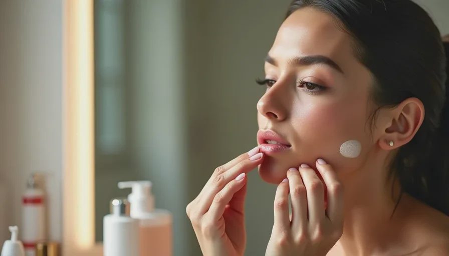 Fingers pressing tint and tapping cream blush in bathroom.