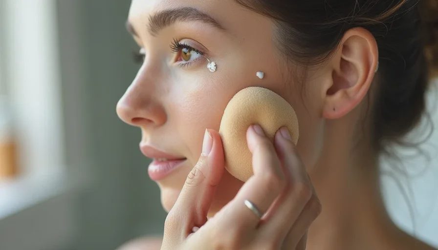 Damp sponge pressing lightweight foundation in humid Houston.