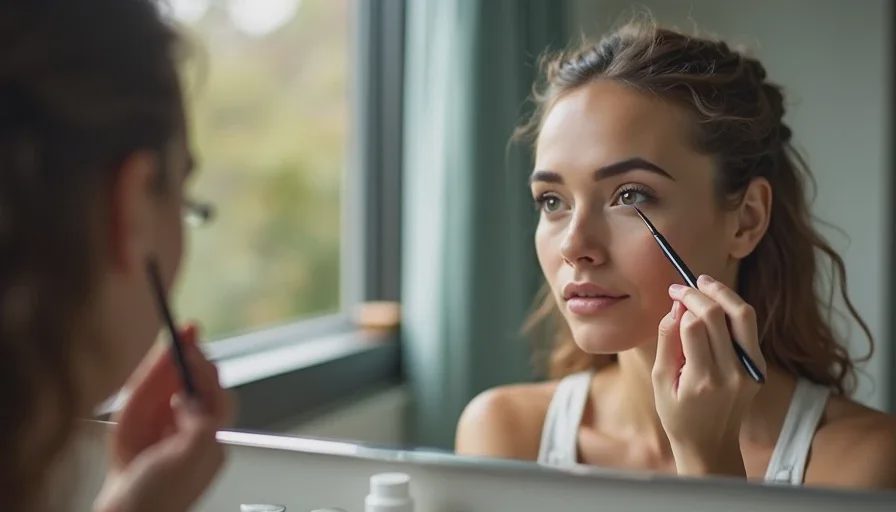 Applying thin layers of waterproof gel eyeliner.