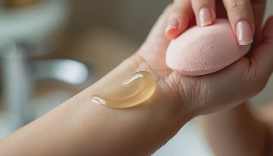 Pressing hyaluronic serum and ceramide moisturizer into skin.