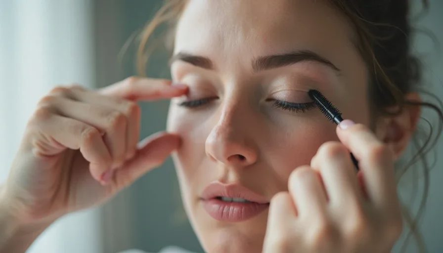 Tubing mascara removed with warm water in hotel bathroom.