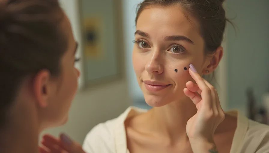 Traveler applying skin tint with fingers in hotel bathroom.