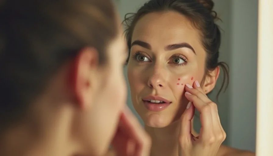 Applying skin tint with fingers in hotel bathroom at 6:45 AM.