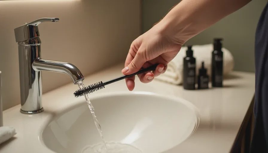 Tubing mascara removing with warm water in hotel bathroom.
