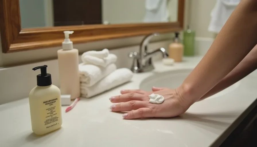 Hotel lotion and conditioner used as emergency makeup base.