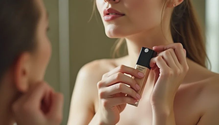Holding Lancôme Teint Idole to neck for cross-climate base.
