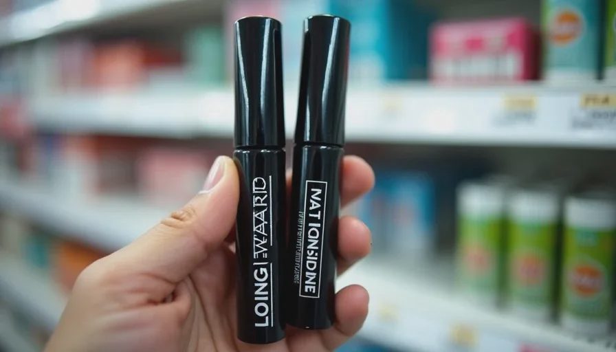 Comparing waterproof and tubing mascara in drugstore.