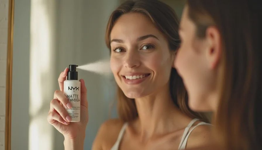 Misting NYX matte setting spray in Z-pattern at hotel mirror.