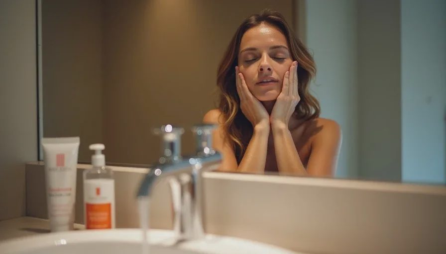 Applying fragrance-free concealer only under eyes in hotel.