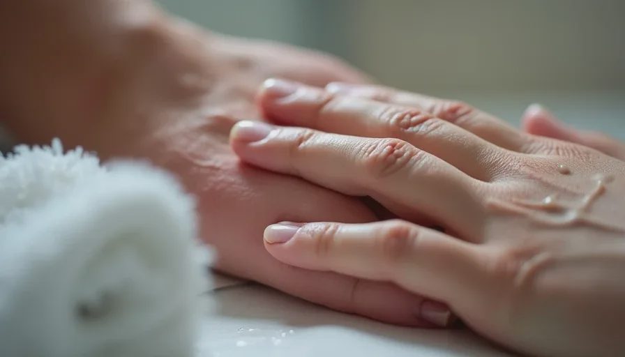 Pressing fragrance-free barrier cream onto reactive skin.
