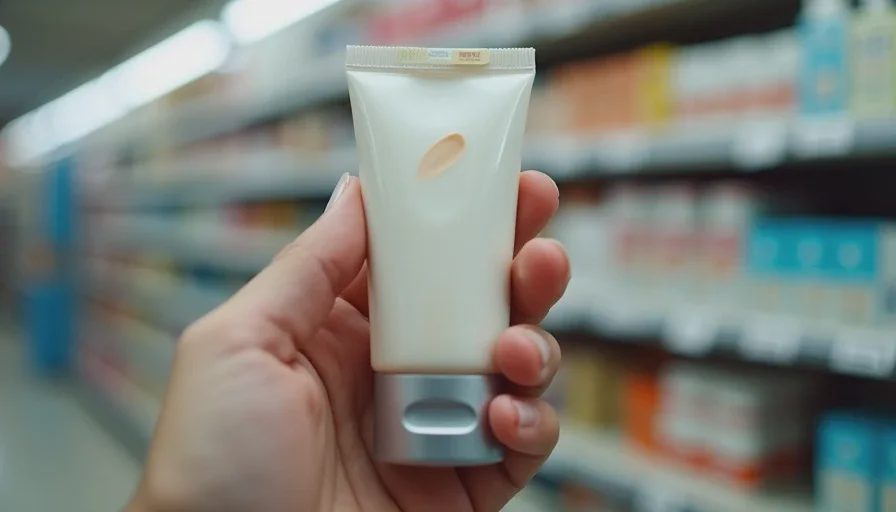 Sealed tint tube with printed shade sticker in drugstore.