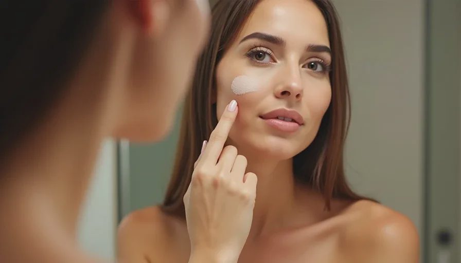 Finger pressing loose powder onto oily T-zone in hotel bathroom.