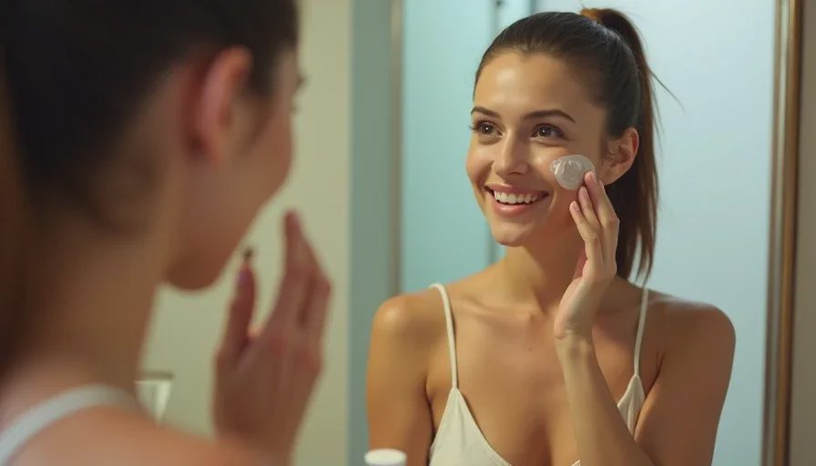 Applying fluid mineral sunscreen in Houston hotel bathroom.