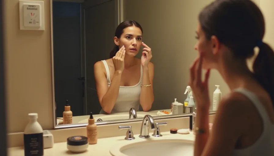 Ten-minute hotel bathroom makeup routine with fingers.