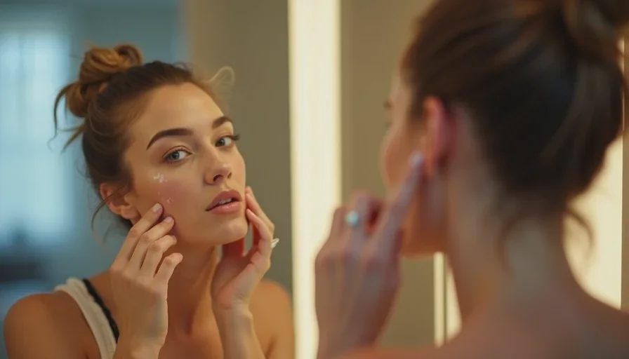 Seven-minute hotel bathroom makeup routine with fingers.