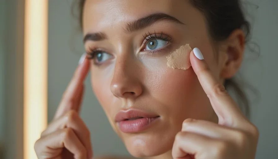 Cream blush tapped on cheeks and lips with ring finger.