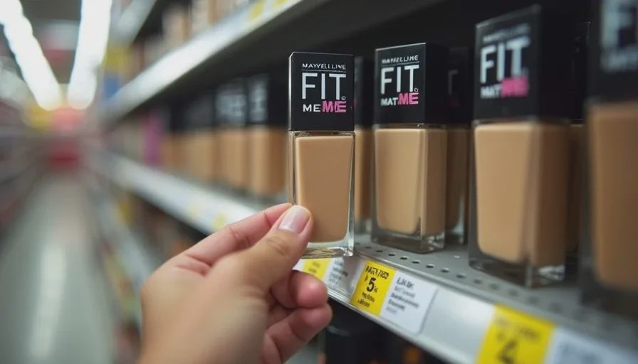 Hand holding Maybelline Fit Me Matte foundation in Walgreens.