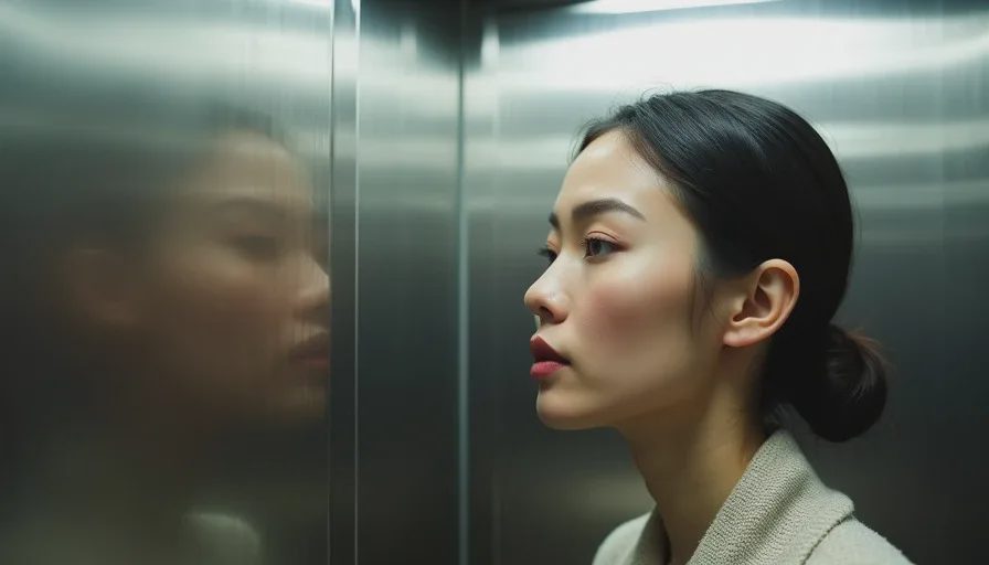 Elevator cool light reveals gray jawline and shine.