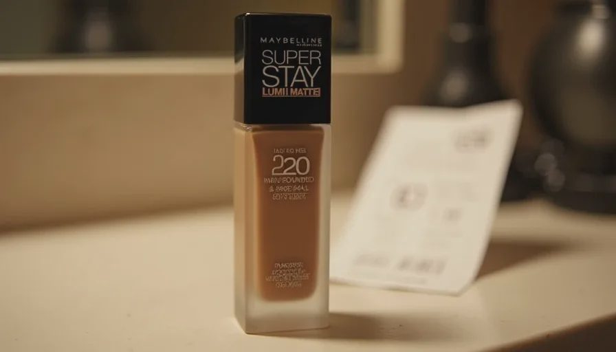 Maybelline Lumi-Matte foundation bottle on hotel counter.