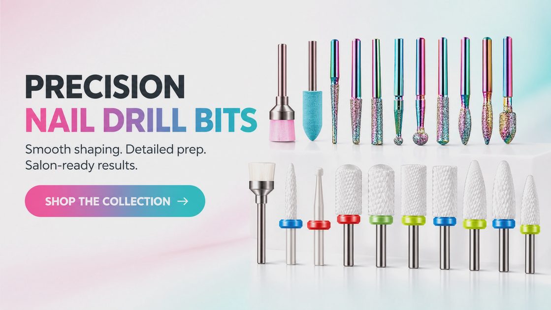 Precision nail drill bits featuring a variety of colorful diamond-coated and white ceramic bits for nail prep.