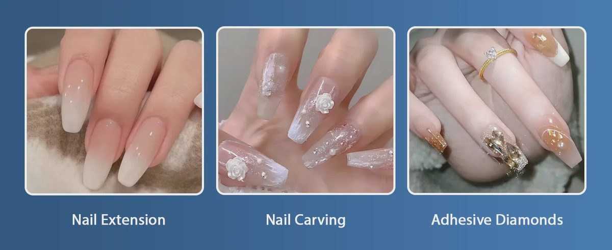 Three panels showing nail extension, nail carving with 3D flowers, and adhesive diamonds nail art styles.