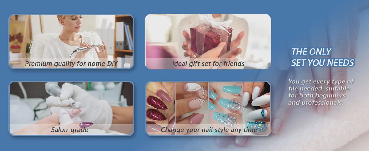 Promo image for a nail kit showing home DIY use, a gift box, salon-grade application, and various nail art styles.